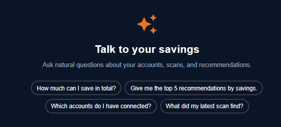 Assistant welcome screen with sample questions